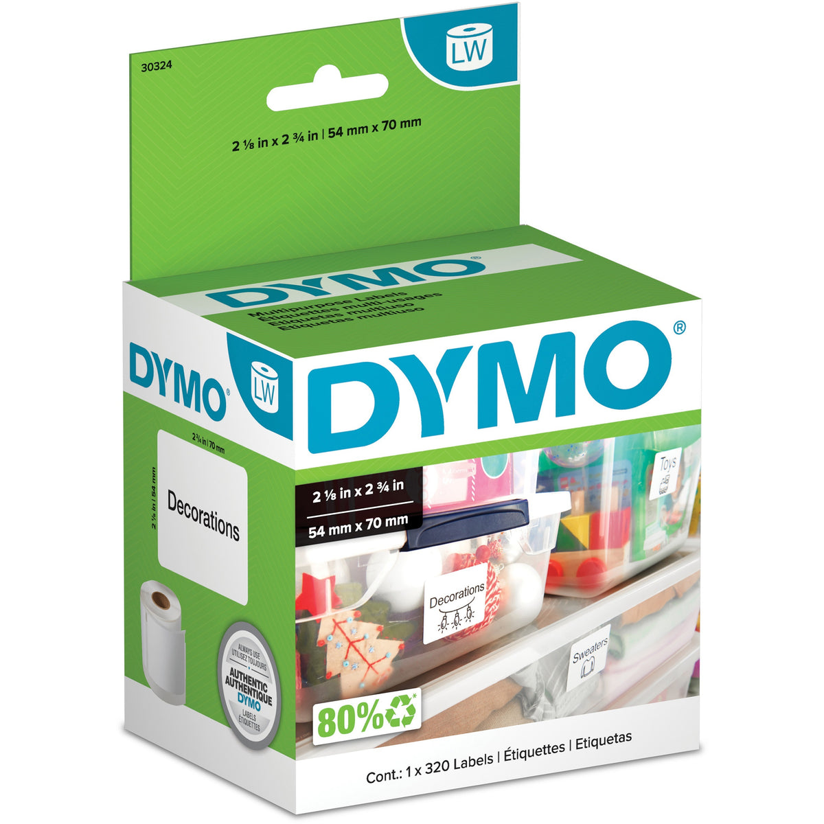 Dymo LabelWriter Multipurpose Label - 2 1/8" Width x 2 3/4" Length - Rectangle - Direct Thermal - White - 320 / Roll - 3