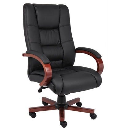Boss CaressoftPlus High-Back Executive Chair - Black Seat Color - Vinyl Seat Material - Black, Cherry Wood Frame Color -