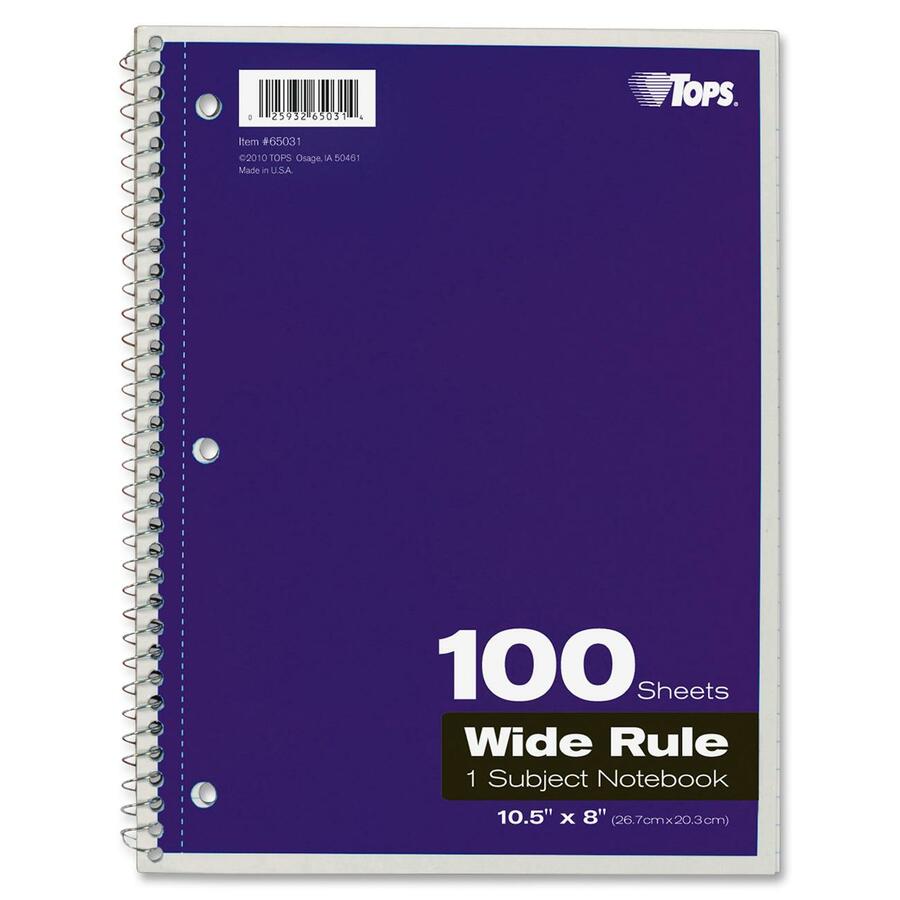 TOPS Wide Rule 1-subject Spiral Notebook - 100 Sheets - Wire Bound - 10 1/2" x 8" Sheet Size - 0.25" Height x 8" Width x