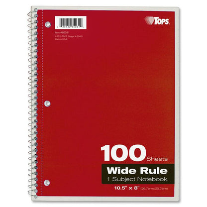 TOPS Wide Rule 1-subject Spiral Notebook - 100 Sheets - Wire Bound - 10 1/2" x 8" Sheet Size - 0.25" Height x 8" Width x