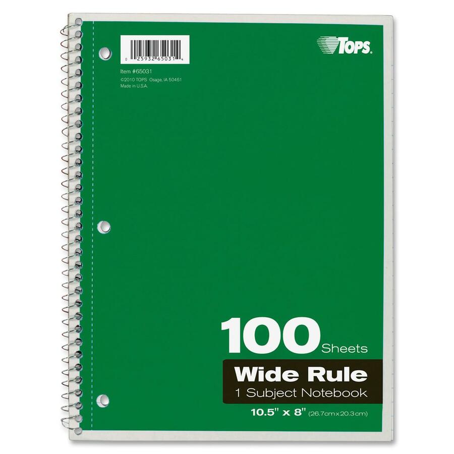 TOPS Wide Rule 1-subject Spiral Notebook - 100 Sheets - Wire Bound - 10 1/2" x 8" Sheet Size - 0.25" Height x 8" Width x