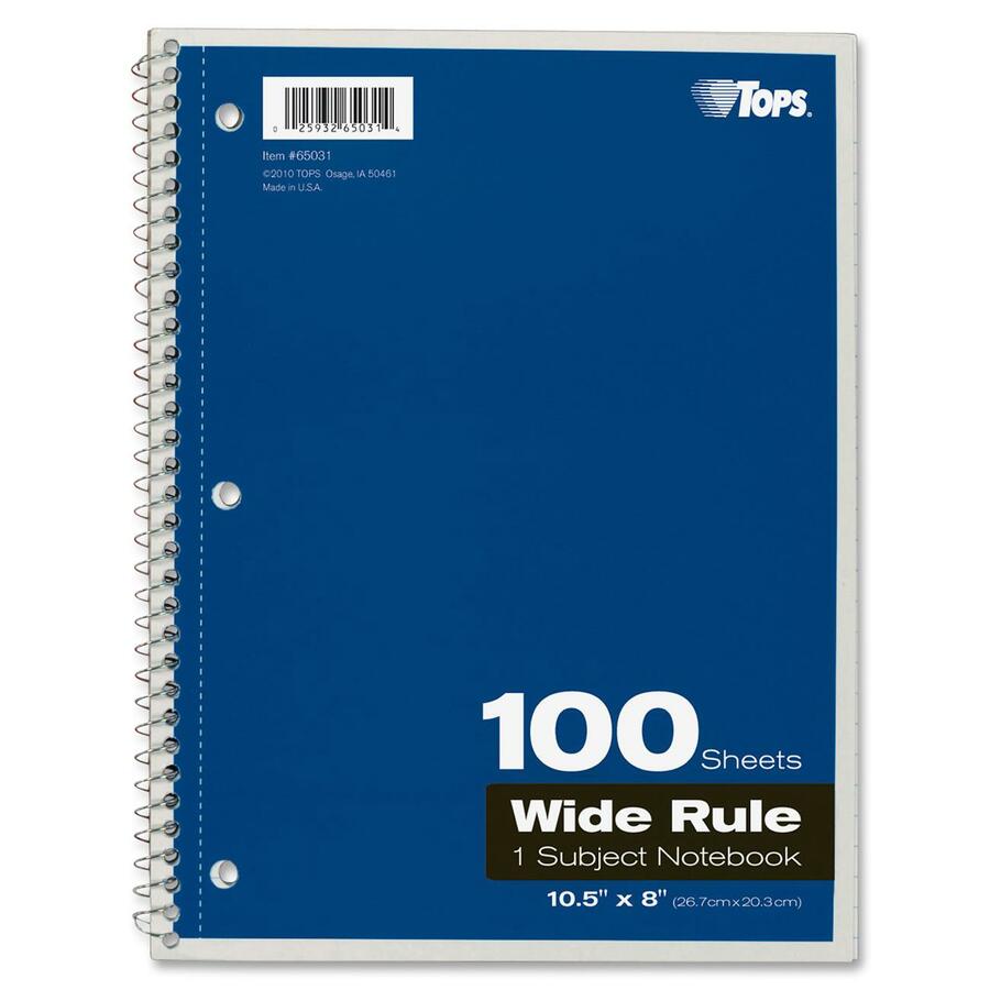 TOPS Wide Rule 1-subject Spiral Notebook - 100 Sheets - Wire Bound - 10 1/2" x 8" Sheet Size - 0.25" Height x 8" Width x