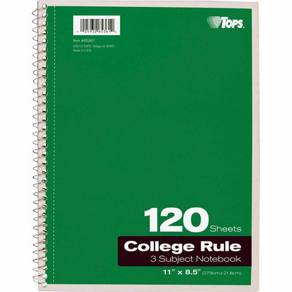TOPS 3 - subject College Ruled Notebook - Letter - 120 Sheets - Wire Bound - Letter - 8 1/2" x 11" Sheet Size - 1 Each