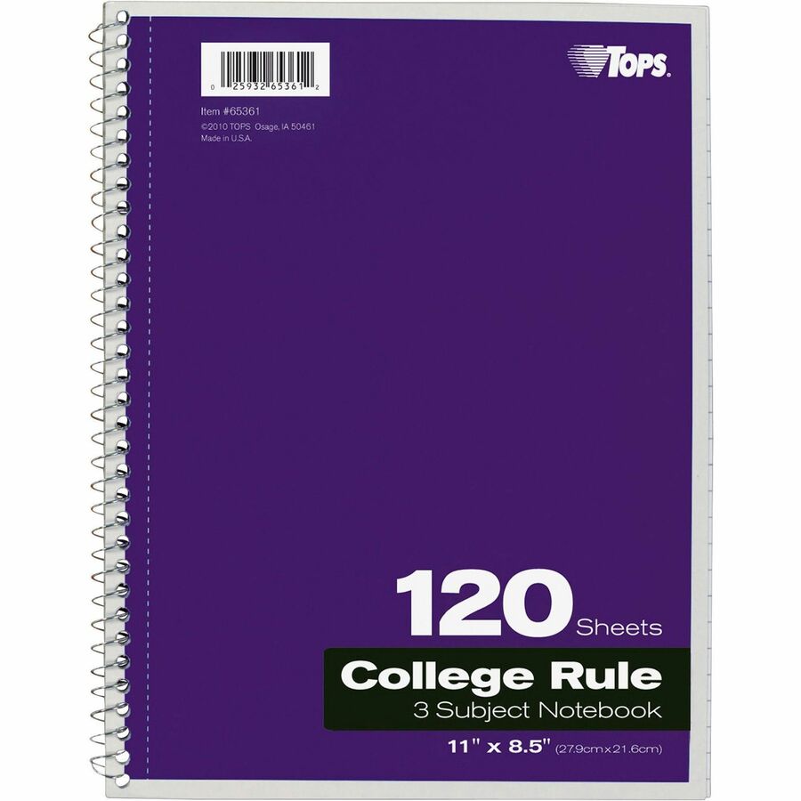 TOPS 3 - subject College Ruled Notebook - Letter - 120 Sheets - Wire Bound - Letter - 8 1/2" x 11" Sheet Size - 1 Each