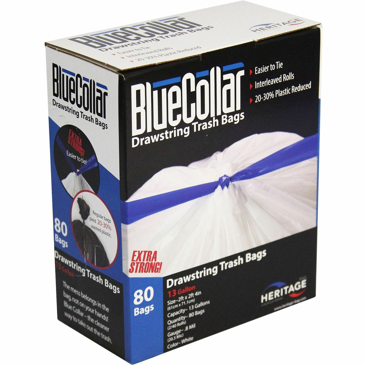 BlueCollar 13-gallon Drawstring Trash Bags - 13 gal Capacity - 28" Length x 24" Width x 0.80 mil (20 Micron) Thickness -