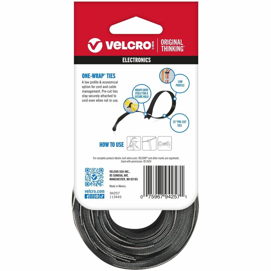 VELCRO® ONE-WRAP Thin Ties 15in x 1/2in Ties Gray & Black 30 ct - Cable Tie - Black, Gray - 25 lb Loop Tensile - 15" Len