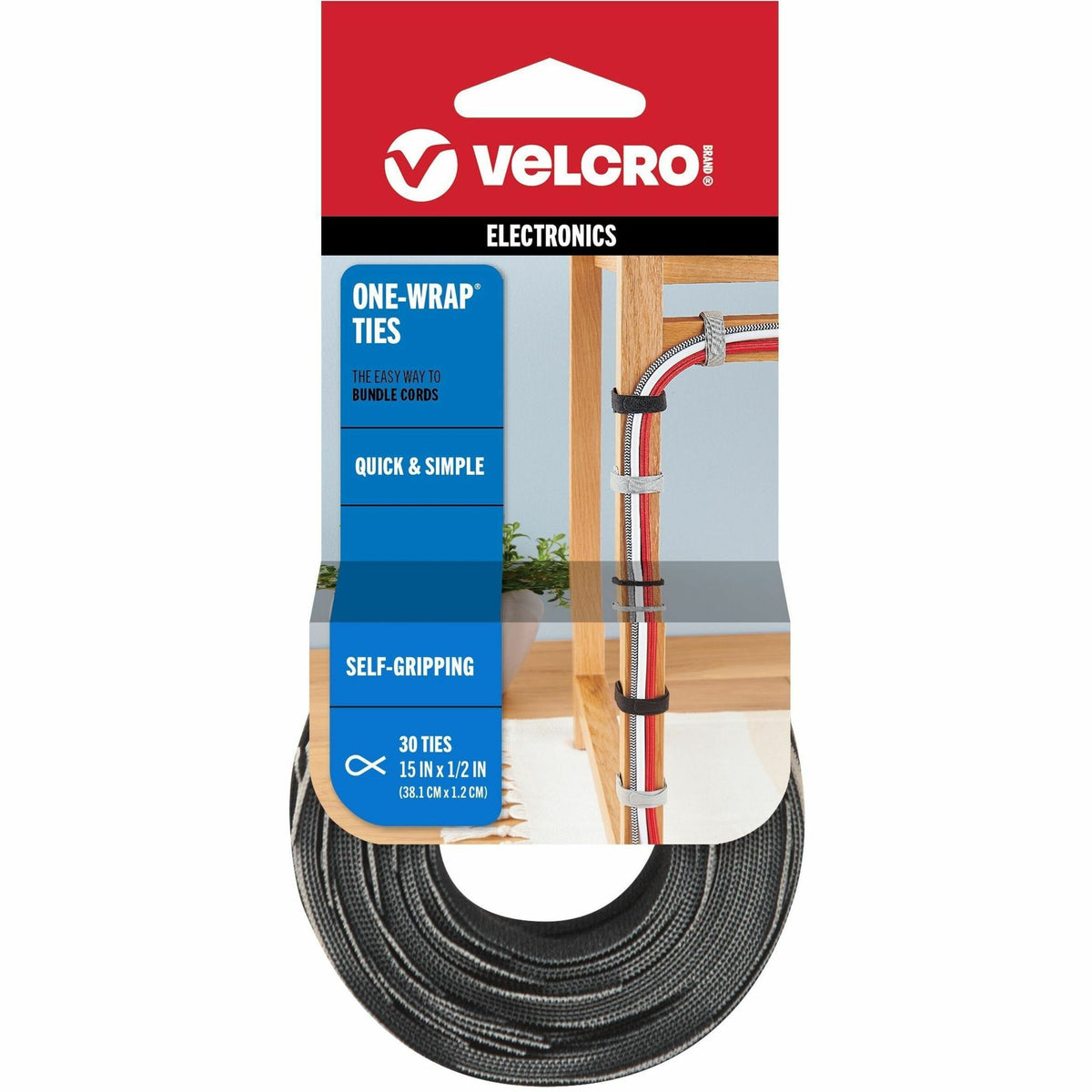 VELCRO® ONE-WRAP Thin Ties 15in x 1/2in Ties Gray & Black 30 ct - Cable Tie - Black, Gray - 25 lb Loop Tensile - 15" Len