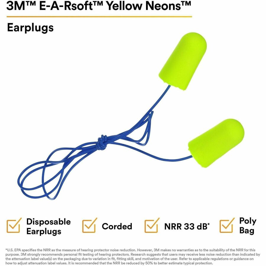 3M soft Yellow Neons Corded Earplugs - Noise Protection - Yellow - Comfortable, Disposable, Corded, Noise Reduction - 2/