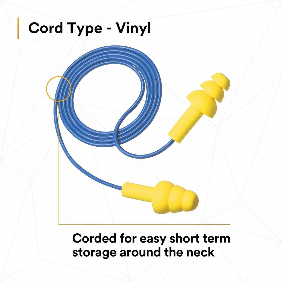 E-A-R UltraFit Corded Earplugs - Noise, Blast Protection - Polymer - Yellow - Comfortable, Washable, Dielectric, Disposa