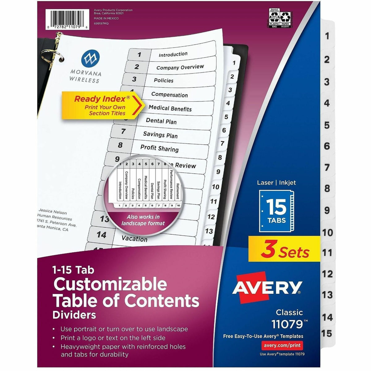 Avery Dividers, 15 Tabs, Ready Index (3 Sets of 11079) - 45 x Divider(s) - 45 Tab(s) - Digit - 1-15 - 15 Tab(s)/Set - 3 