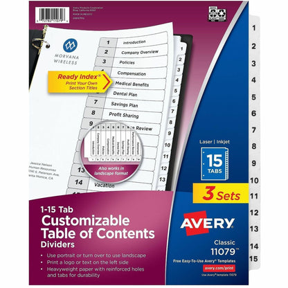 Avery Dividers, 15 Tabs, Ready Index (3 Sets of 11079) - 45 x Divider(s) - 45 Tab(s) - Digit - 1-15 - 15 Tab(s)/Set - 3 