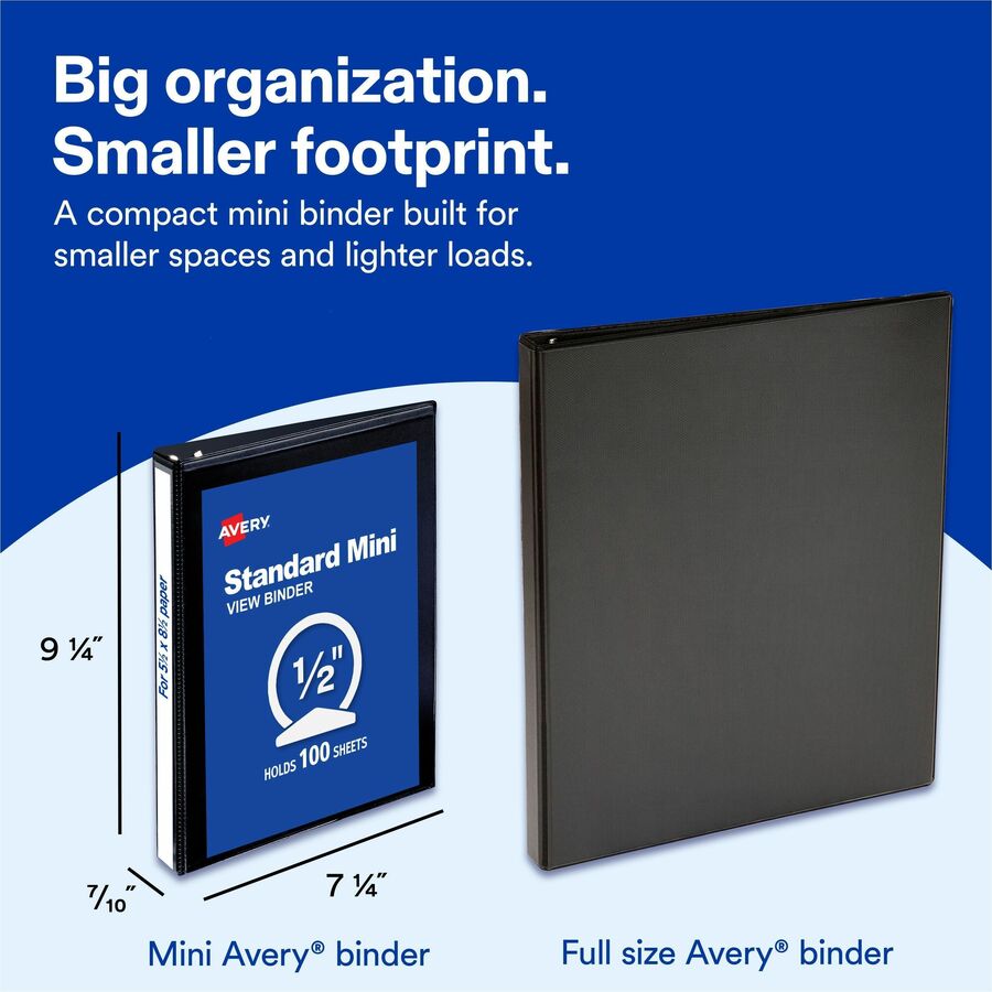 Avery® Mini View Binder, 0.5" Round Rings, Black Binder (27725) - 1/2" Binder Capacity - Half-letter - 5 1/2" x 8 1/2" S