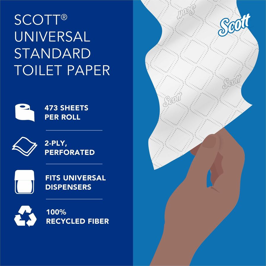 Scott Professional 100% Recycled Fiber Standard Roll Toilet Paper with Elevated Design - 2 Ply - 473 Sheets/Roll - White