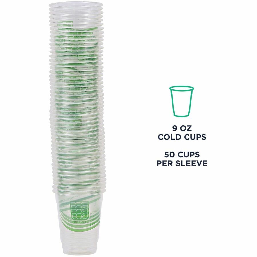 Eco-Products 9 oz GreenStripe Cold Cups - 9 fl oz - Clear - Polylactic Acid (PLA) - Cold Drink - 50/Pack - 20 / Carton