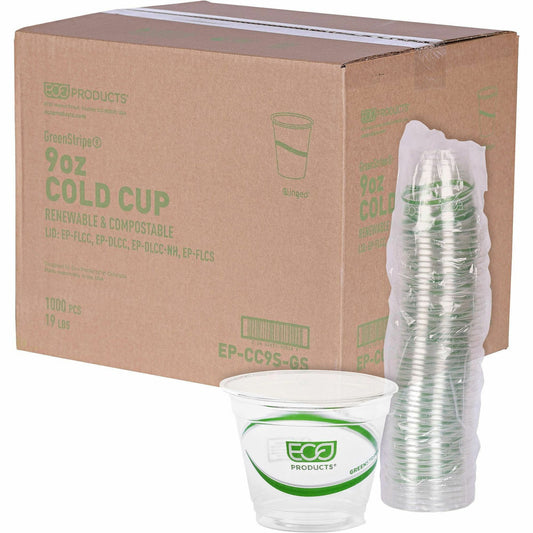 Eco-Products 9 oz GreenStripe Cold Cups - 9 fl oz - Clear - Polylactic Acid (PLA) - Cold Drink - 50/Pack - 20 / Carton