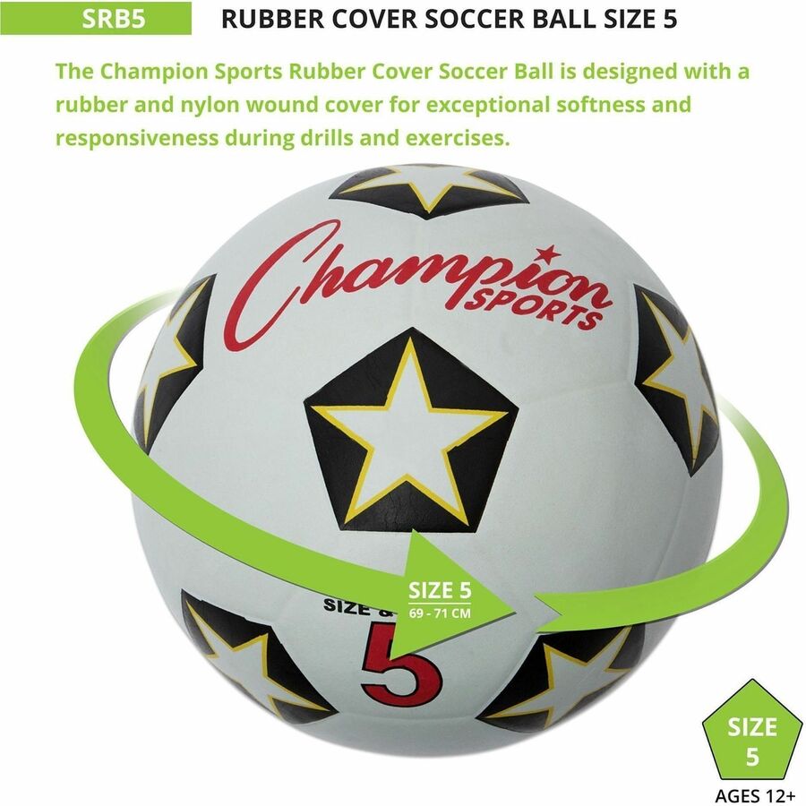 Champion Sports Rubber Soccer Ball Size 5 - 8.75" - Size 5 - Rubber, Nylon - Black, White, Red - 1  Each