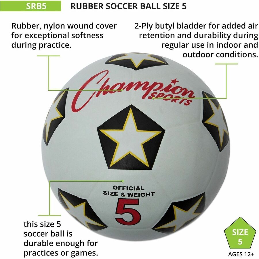 Champion Sports Rubber Soccer Ball Size 5 - 8.75" - Size 5 - Rubber, Nylon - Black, White, Red - 1  Each