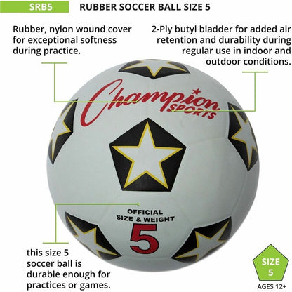 Champion Sports Rubber Soccer Ball Size 5 - 8.75" - Size 5 - Rubber, Nylon - Black, White, Red - 1  Each