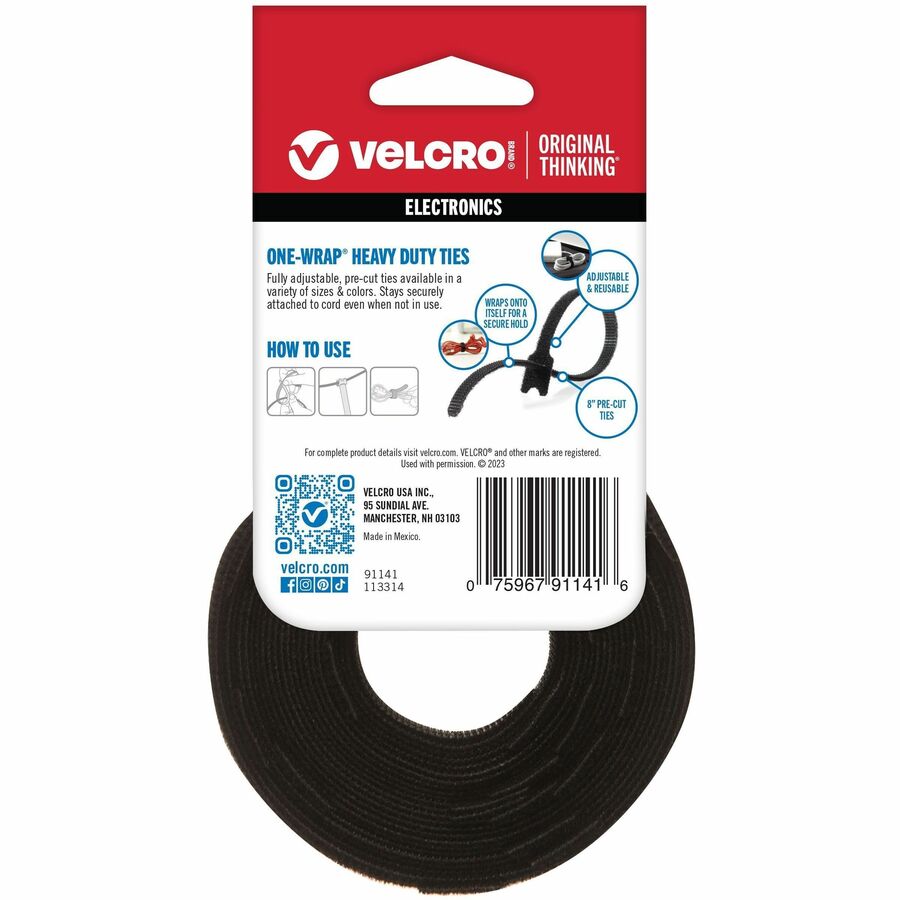 VELCRO® ONE-WRAP Ties 8in x 1/4in Ties Black 25 ct - Tie - Black - 40 lb Loop Tensile - 8" Length - 25 / Pack
