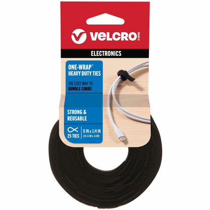 VELCRO® ONE-WRAP Ties 8in x 1/4in Ties Black 25 ct - Tie - Black - 40 lb Loop Tensile - 8" Length - 25 / Pack