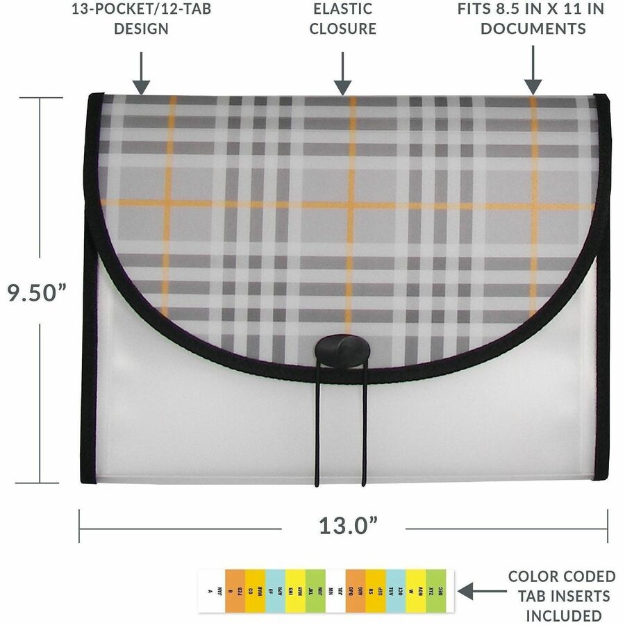 C-Line Letter Expanding File - 8 1/2" x 11" - 1 1/2" Expansion - 13 Pocket - Polypropylene, Plaid - Durable, Archival-sa