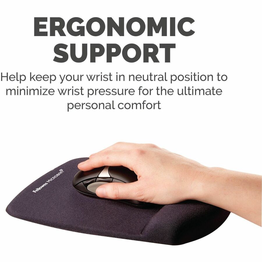 Fellowes PlushTouch Microban Mouse Pad Wrist Rest - 1" Height x 7.25" Width x 9.38" Depth - Black - Polyurethane, Foam -