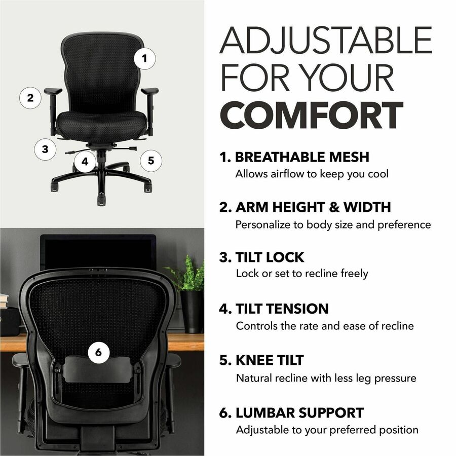 HON Wave Big and Tall Chair - Mesh Seat Material - Mesh Back Material - Black - Fabric - 1 Each