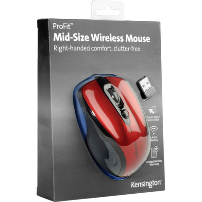 Kensington Pro Fit Mid-Size Wireless Mouse - Optical - Wireless - Radio Frequency - 2.40 GHz - Ruby Red - USB - 1750 dpi
