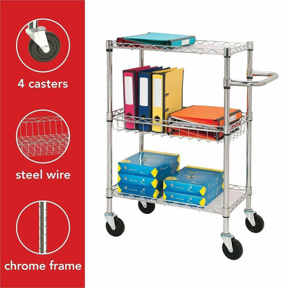 Lorell 3-Tier Rolling Cart - 99 lb Load Capacity - 4 Casters - Steel - 16" Width x 26" Depth x 40" Height - Chrome - 1 E