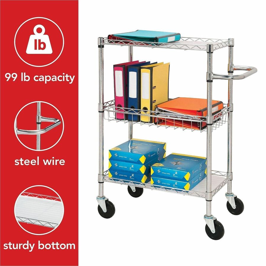 Lorell 3-Tier Rolling Cart - 99 lb Load Capacity - 4 Casters - Steel - 16" Width x 26" Depth x 40" Height - Chrome - 1 E
