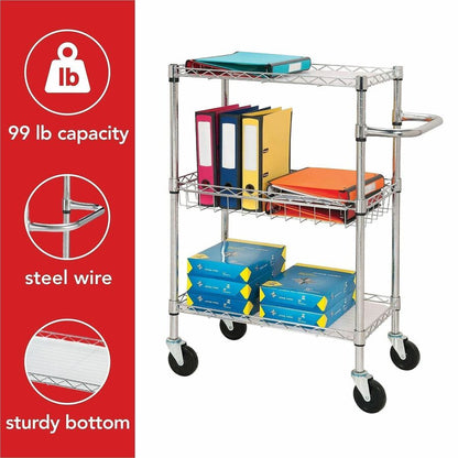 Lorell 3-Tier Rolling Cart - 99 lb Load Capacity - 4 Casters - Steel - 16" Width x 26" Depth x 40" Height - Chrome - 1 E