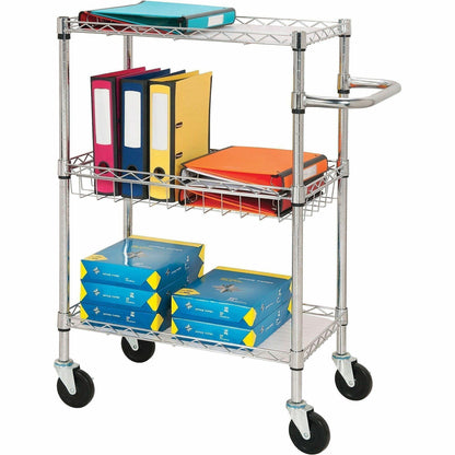 Lorell 3-Tier Rolling Cart - 99 lb Load Capacity - 4 Casters - Steel - 16" Width x 26" Depth x 40" Height - Chrome - 1 E