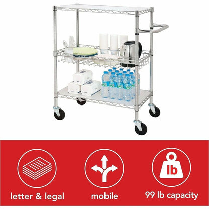 Lorell 3-Tier Rolling Cart - 99 lb Load Capacity - 4 Casters - Steel - 18" Width x 30" Depth x 40" Height - Chrome - 1 E