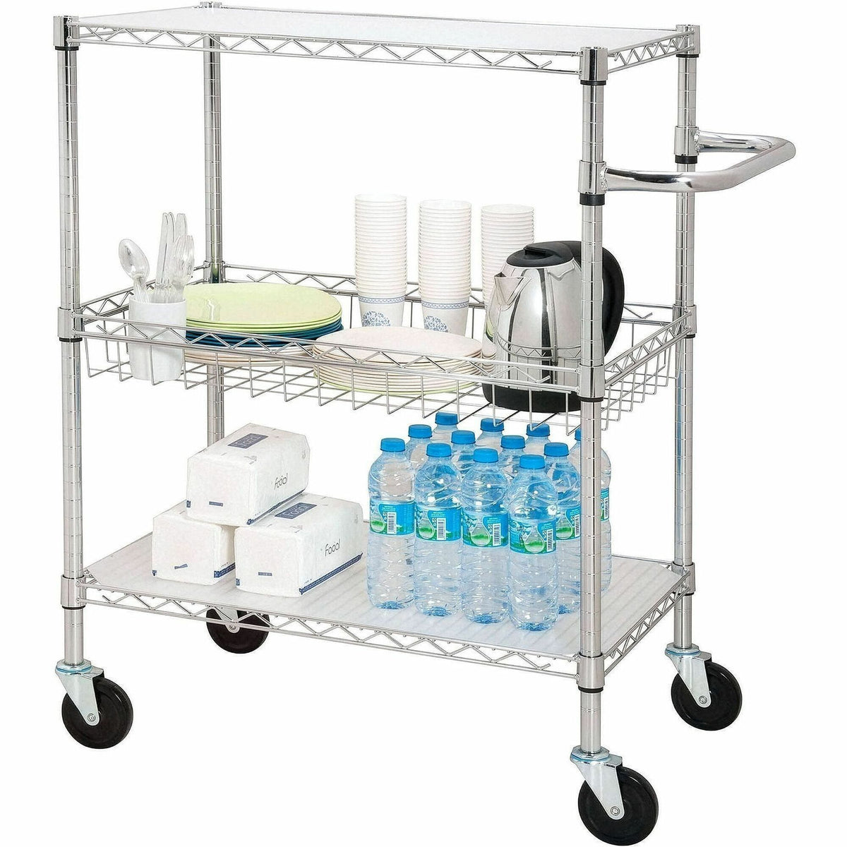 Lorell 3-Tier Rolling Cart - 99 lb Load Capacity - 4 Casters - Steel - 18" Width x 30" Depth x 40" Height - Chrome - 1 E