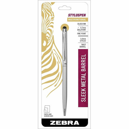 Zebra Pen Stylus Twist Ballpoint Pen Combo - Integrated Writing Pen - 1 - 0.24" - Metal - Silver - Tablet Device Support
