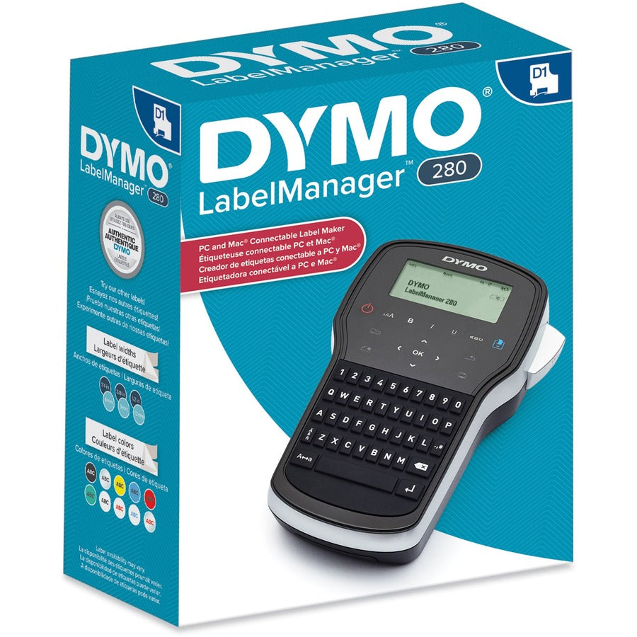 Dymo LabelManager 280P - Tape, Label - 0.25" , 0.37" , 0.50" - LCD Screen - Battery - Battery Included - Silver, Black -
