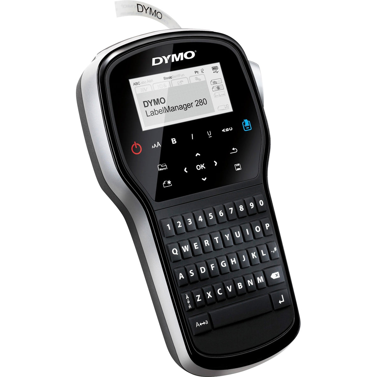 Dymo LabelManager 280P - Tape, Label - 0.25" , 0.37" , 0.50" - LCD Screen - Battery - Battery Included - Silver, Black -