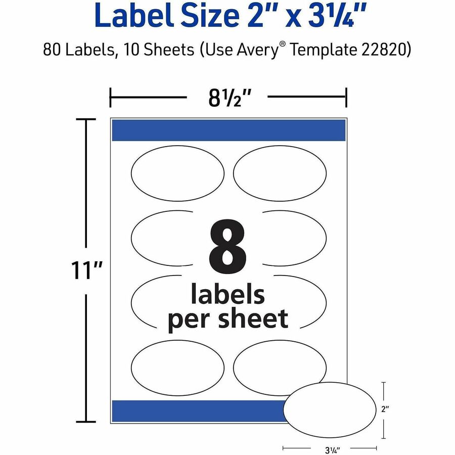 Avery® Oval Labels, 2" x 3-1/3" , Glossy White, 80ct (22820) - x 2" Width x 3 19/64" Length - Permanent Adhesive - Oval 