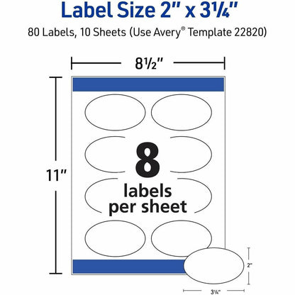 Avery® Oval Labels, 2" x 3-1/3" , Glossy White, 80ct (22820) - x 2" Width x 3 19/64" Length - Permanent Adhesive - Oval 
