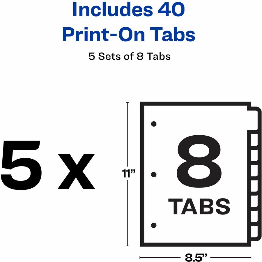 Avery® Customizable Print-On Dividers - 40 x Divider(s) - Print-on Tab(s) - 8 - 8 Tab(s)/Set - 8.5" Divider Width x 11" 
