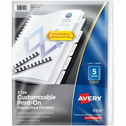 Avery® Unpunched Print-On Dividers - 25 x Divider(s) - Print-on Tab(s) - 5 - 5 Tab(s)/Set - 8.5" Divider Width x 11" Div