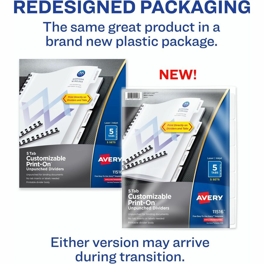Avery® Unpunched Print-On Dividers - 25 x Divider(s) - Print-on Tab(s) - 5 - 5 Tab(s)/Set - 8.5" Divider Width x 11" Div