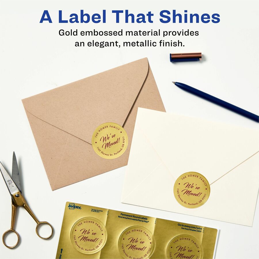 Avery® Promotional Label - x 2" Diameter - Permanent Adhesive - Round - Inkjet - Matte Gold - Matte - Paper - 12 / Sheet