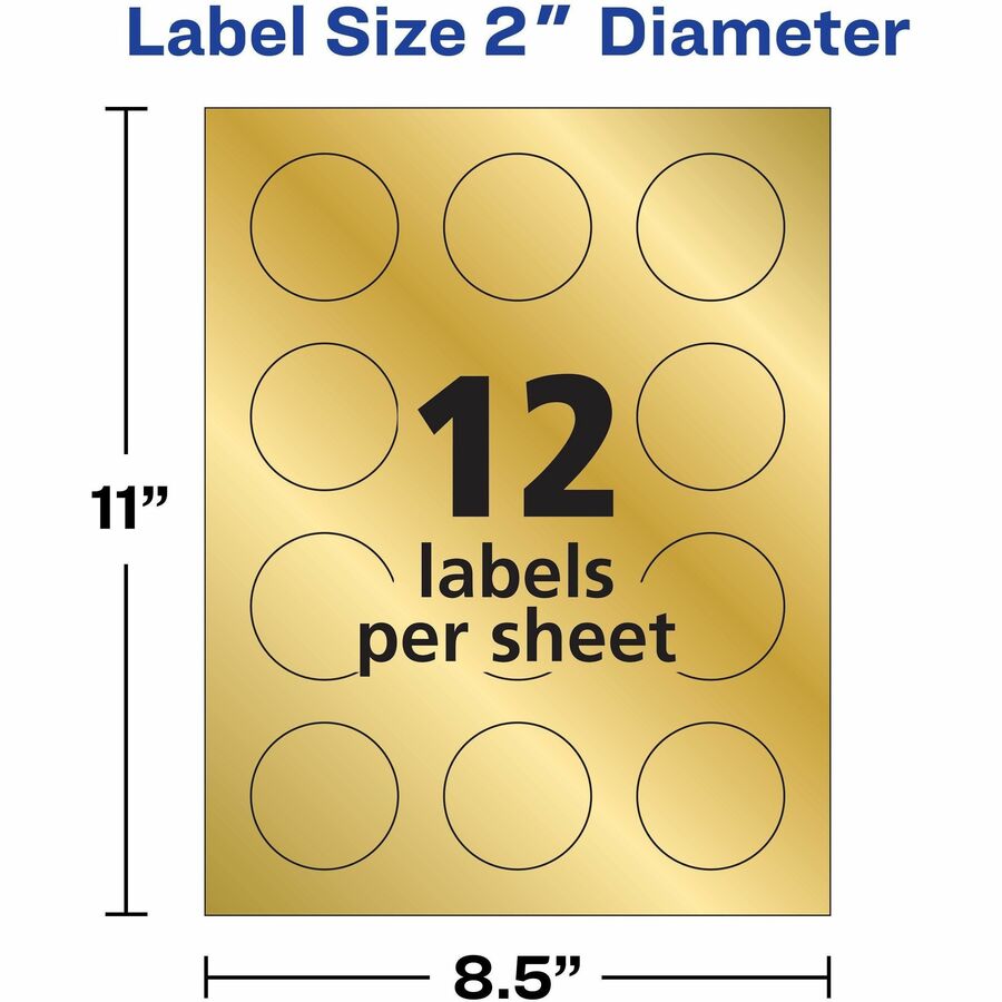 Avery® Promotional Label - x 2" Diameter - Permanent Adhesive - Round - Inkjet - Matte Gold - Matte - Paper - 12 / Sheet