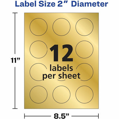 Avery® Promotional Label - x 2" Diameter - Permanent Adhesive - Round - Inkjet - Matte Gold - Matte - Paper - 12 / Sheet