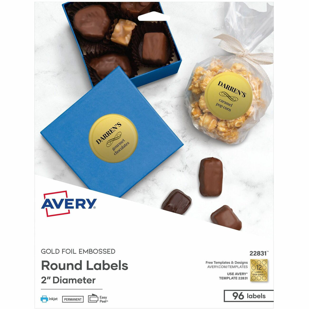 Avery® Promotional Label - x 2" Diameter - Permanent Adhesive - Round - Inkjet - Matte Gold - Matte - Paper - 12 / Sheet