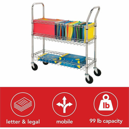 Lorell Mobile Wire Mail Cart - 99.21 lb Load Capacity - 4 Casters - 4" Caster Size - Steel - 34.25" Width x 12.50" Depth