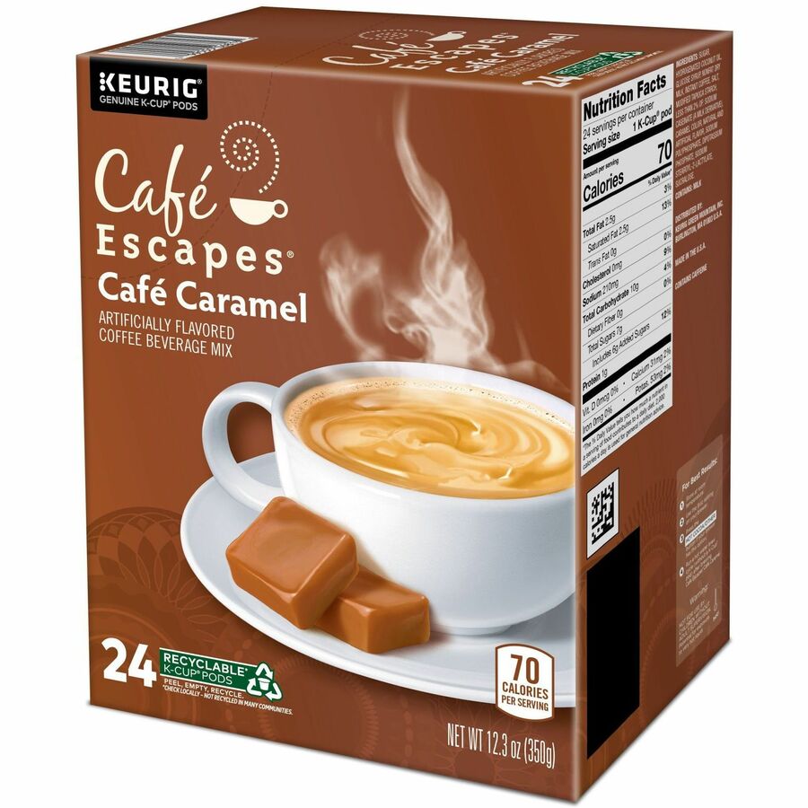 Café Escapes® K-Cup Cafe Caramel Coffee - Compatible with Keurig Brewer - Light - K-Cup - Cafe Caramel - 24 / Box