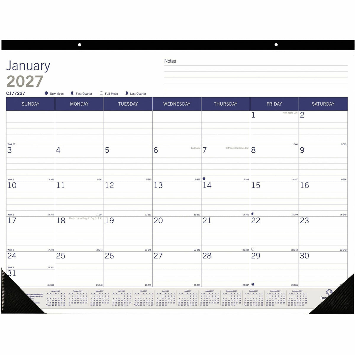 Blueline DuraGlobe Monthly Desk Pad Calendar - Julian Dates - Monthly - 12 Month - January 2027 to December 2027 - 1 Mon