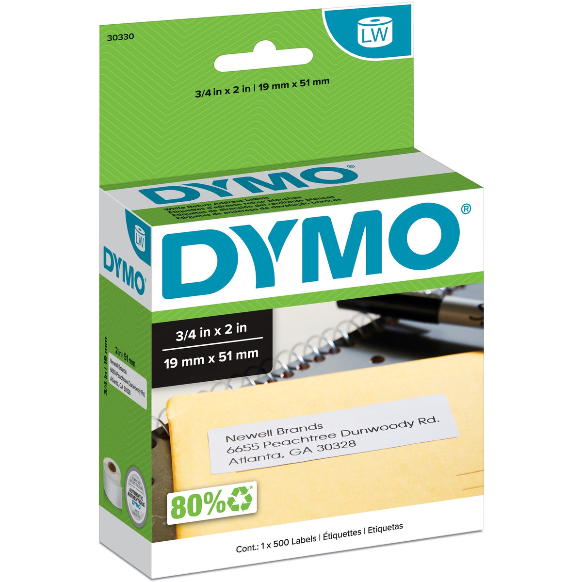 Dymo LW Return Address Labels 3/4" x 2" - 3/4" Width x 2" Length - Rectangle - Direct Thermal - White - 500 / Roll - 500
